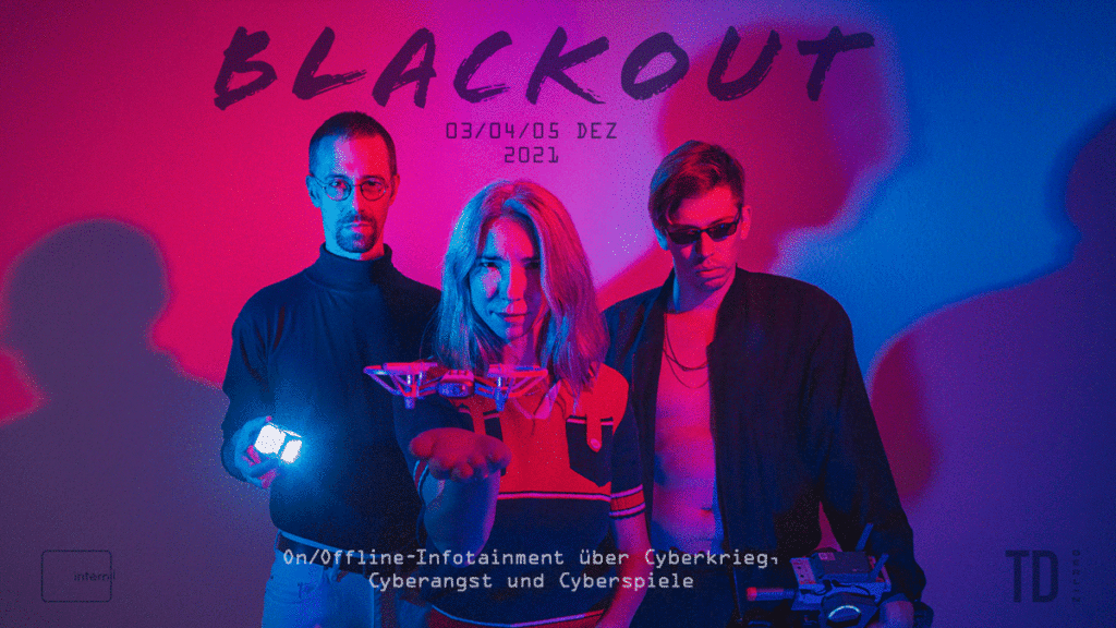 Pixeliges GIF zur bewerbung der ersten Shows: In lila-rot-blauen Tönen die drei Perfomer*innen über der Hand von marina im zentrum schwebt eine Drohne.